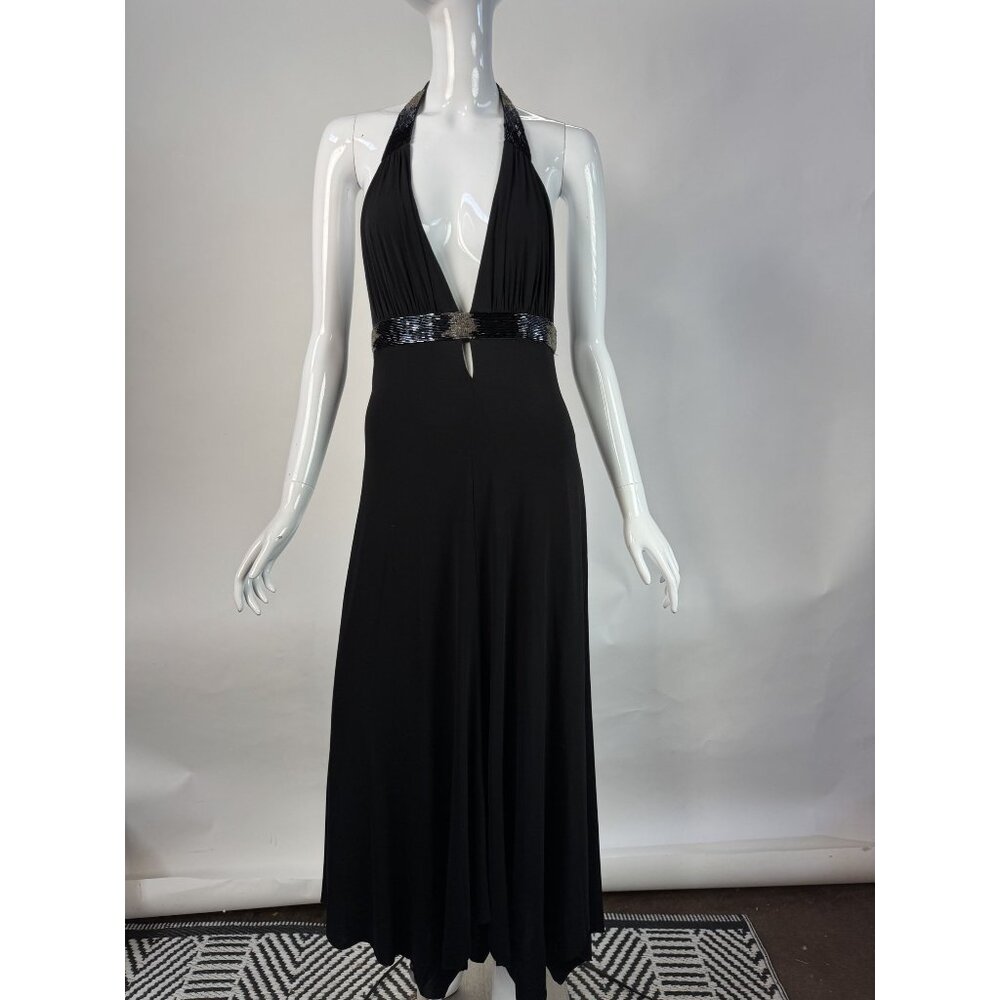 BCBG Max Azria Black Halter Dress W/Beaded Jersey Large Made In China